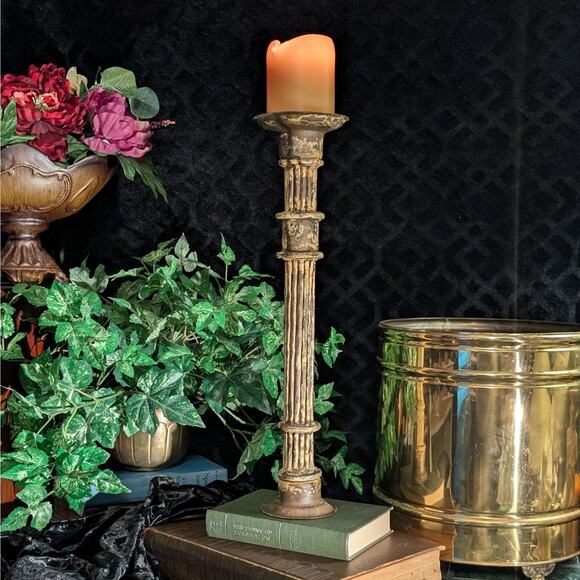 HEAVY Vintage Olympic Style Torch Column Weathered Metal Pillar Candle Holder - Picture 1 of 8